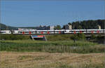 RABe 523 007, RABe 523 063 und RABe 523 067 (im Bild) bei Salina Raurica whrend RABe 523 001 (im Bild) und RABe 523 064 entgegenkommen. August 2025.