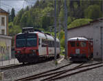 Der Funkelnde.

L'Etincellante ABDe 2/4 101 im RVT-Depot Fleurier, während nebenan RBDe 560 281 'Arbogne' nach Buttes ausfährt. Mai 2024.