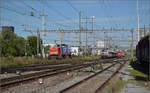 Am 843 089 in Pratteln, daneben RBDe 560 296 und der Rettungszug 'Basel' mit 174 002 am Zugschluss.