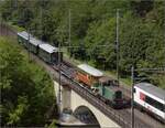 Apfelsaftexpress Be 3/4 43 'Tino', C2 5820 'Thurgauer Stube', dem mir bis dato unbekannten Dynamometerwagen Xd4 99701, dem Transportgut, einem Wagen der Genfer Strassenbahn und am Zugschluss der Tm IV