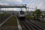 187 002 ist einer der Prototypen der Traxx AC3 und fährt mit einem Güterzug durch Frick.