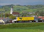 Ein Containerwagen am Zugschluss ist gerade gut beleuchtet.