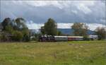 Schienenverkehr am Schienerberg.

52 7596 mit ihrem EFZ-Sonderzug f�r die SEHR&RS zwischen Ramsen und Rielasingen auf der letzten Fahrt des Tages. Oktober 2022.