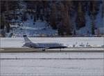 Dassault Falcon 2000LX mit der Kennung VQ-BIJ beim Start in Samedan nach Athen.