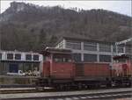 Em 3/3 18829, mit heutiger Bezeichnung CH-OeBB 98 85 5 830 8229 Em 3/3 mittels Zettel im Fenster korrigiert, in der Klus bei Balsthal. Januar 2023.