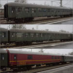Der historische Zug des BEM in Lindau-Reutin, Februar 2023:    Mitteleinstiegswagen der DB 75 80 22-43 256-4 D-BYB 40 544 M B4ymg,  Mitteleinstiegswagen der DB 75 80 22-43 258-0 D-BYB 40 599 M