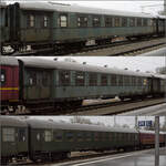 Der historische Zug des BEM in Lindau-Reutin, Februar 2023:    geschweiter Eilzugwagen 75 80 22-43 585-6 D-BYB 74 540 M B4ye  geschweiter Eilzugwagen 75 80 22-43 583-1 D-BYB 74 311 M B4ye 