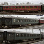Der historische Zug des BEM in Lindau-Reutin, Februar 2023:    Reko-Speisewagen der DR 75 80 88-53 004-6 D-BYB WRg,  geschweiter Eilzugwagen 75 80 22-43 586-4 D-BYB 73 919 M B4ye  geschweiter