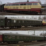 Schublok 218 105 der NeSA mit dem historischen Zug des BEM:    Genieteter Schnellzugwagen 75 80 18-43 002-8 D-BYB 25 001 M� A4ye  26,4 m-Schnellzugwagen der DB 56 80 22-40 173-6 D-BYB 18 633 M� B�m
