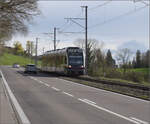 Diamant ABe 4/8 5012' der Bremgarten-Dietikon-Wohlen(-Meisterschwanden)-Bahn bei der Haltestelle Widen-Heinrüti. März 2024.