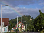 Regenbogen über der Burg von Pfirt, heute Ferrette. Mai 2024.